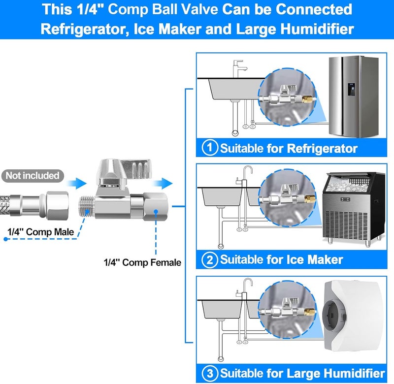 HAO CHEN Brass Ball Valve - 1/4" Comp Female Swivel x 1/4" Comp Male (2PCS),Quarter Turn Stop Valve for Adjusting and Switching the Water Inlet of Refrigerator,Ice Maker and Large Humidifier - Image 4
